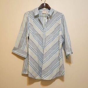 Chico’s Linen Button Down 3/4 Sleeve Tunic Size 3 XL/18 Multi Blues
